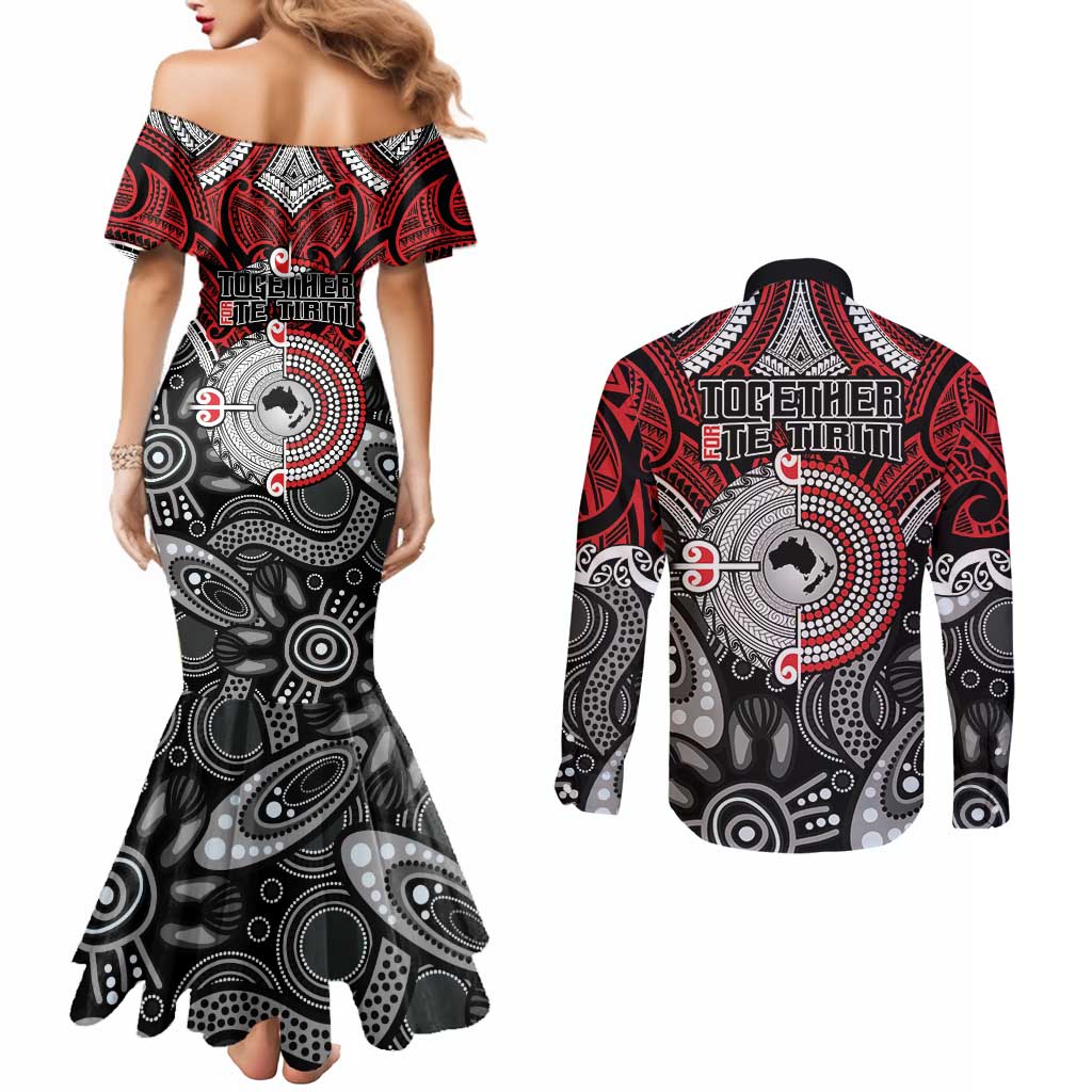 Aotearoa and Australia Couples Matching Mermaid Dress and Long Sleeve Button Shirt New Zealand Honour The Treaty Ake!Ake!Ake! LT9 - Polynesian Pride