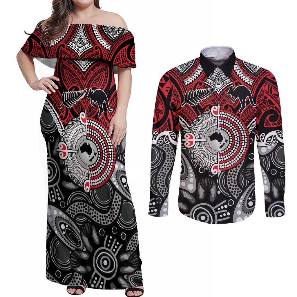 Aotearoa and Australia Couples Matching Off Shoulder Maxi Dress and Long Sleeve Button Shirt New Zealand Honour The Treaty Ake!Ake!Ake! LT9 Red - Polynesian Pride