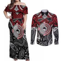Aotearoa and Australia Couples Matching Off Shoulder Maxi Dress and Long Sleeve Button Shirt New Zealand Honour The Treaty Ake!Ake!Ake! LT9 Red - Polynesian Pride