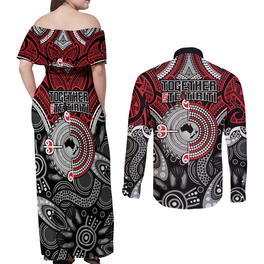 Aotearoa and Australia Couples Matching Off Shoulder Maxi Dress and Long Sleeve Button Shirt New Zealand Honour The Treaty Ake!Ake!Ake! LT9 - Polynesian Pride