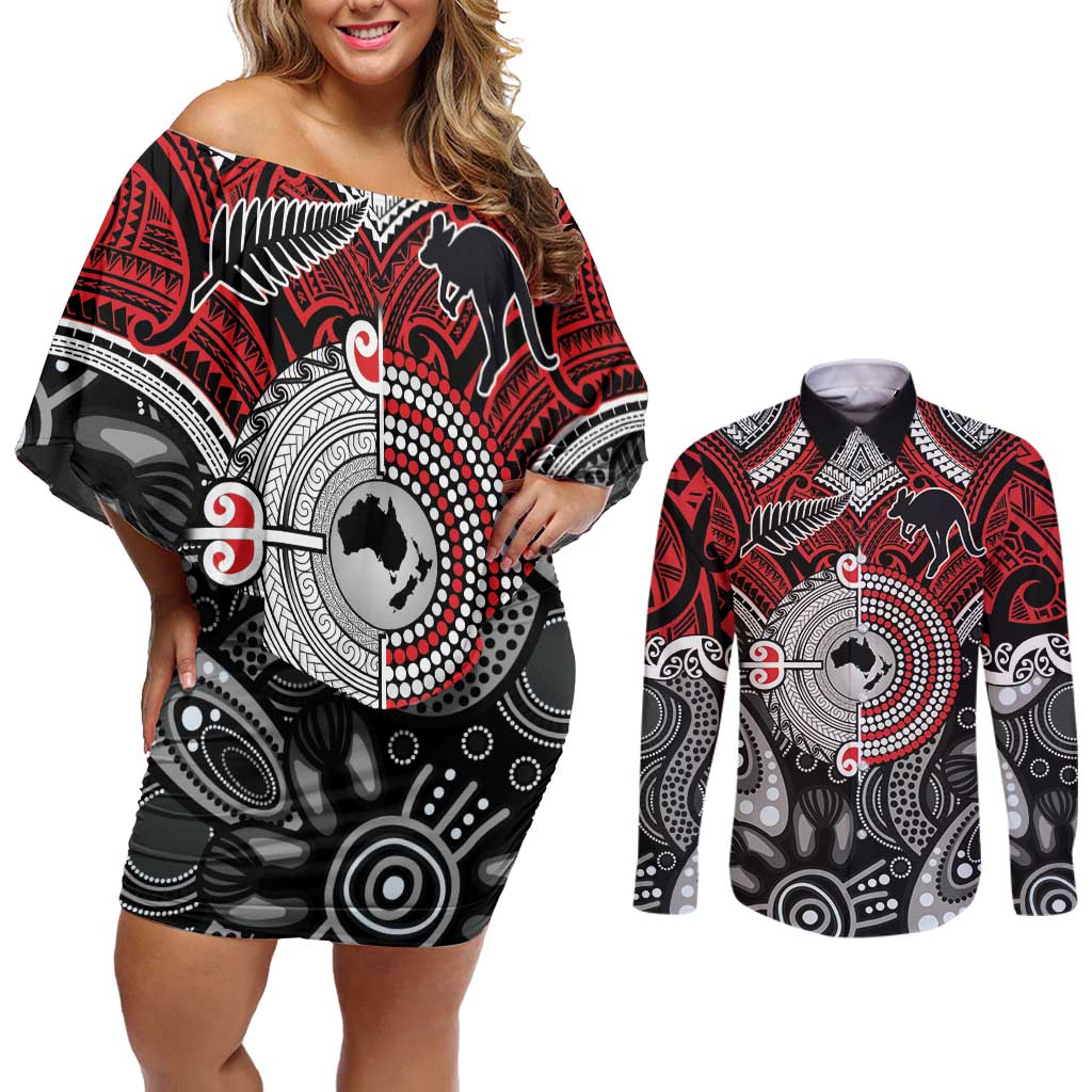 Aotearoa and Australia Couples Matching Off Shoulder Short Dress and Long Sleeve Button Shirt New Zealand Honour The Treaty Ake!Ake!Ake! LT9 Red - Polynesian Pride