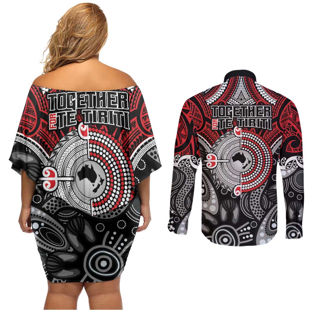 Aotearoa and Australia Couples Matching Off Shoulder Short Dress and Long Sleeve Button Shirt New Zealand Honour The Treaty Ake!Ake!Ake! LT9 - Polynesian Pride