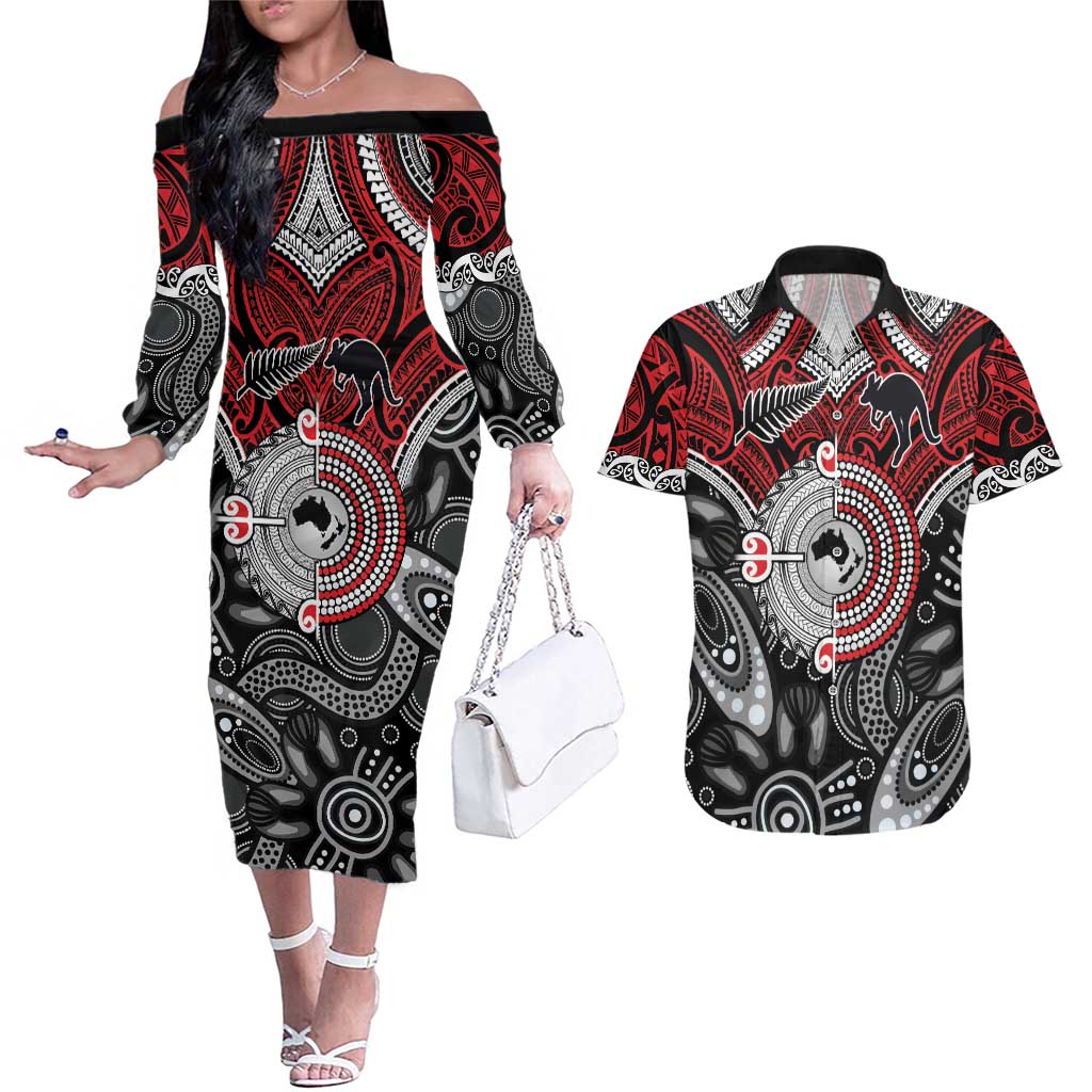 Aotearoa and Australia Couples Matching Off The Shoulder Long Sleeve Dress and Hawaiian Shirt New Zealand Honour The Treaty Ake!Ake!Ake! LT9 Red - Polynesian Pride