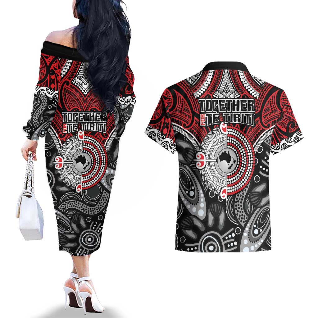 Aotearoa and Australia Couples Matching Off The Shoulder Long Sleeve Dress and Hawaiian Shirt New Zealand Honour The Treaty Ake!Ake!Ake! LT9 - Polynesian Pride
