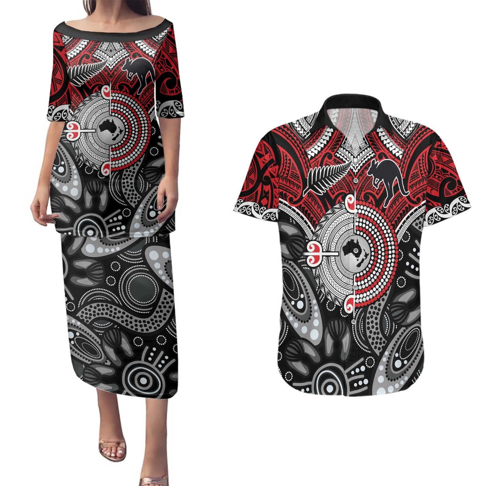 Aotearoa and Australia Couples Matching Puletasi and Hawaiian Shirt New Zealand Honour The Treaty Ake!Ake!Ake!