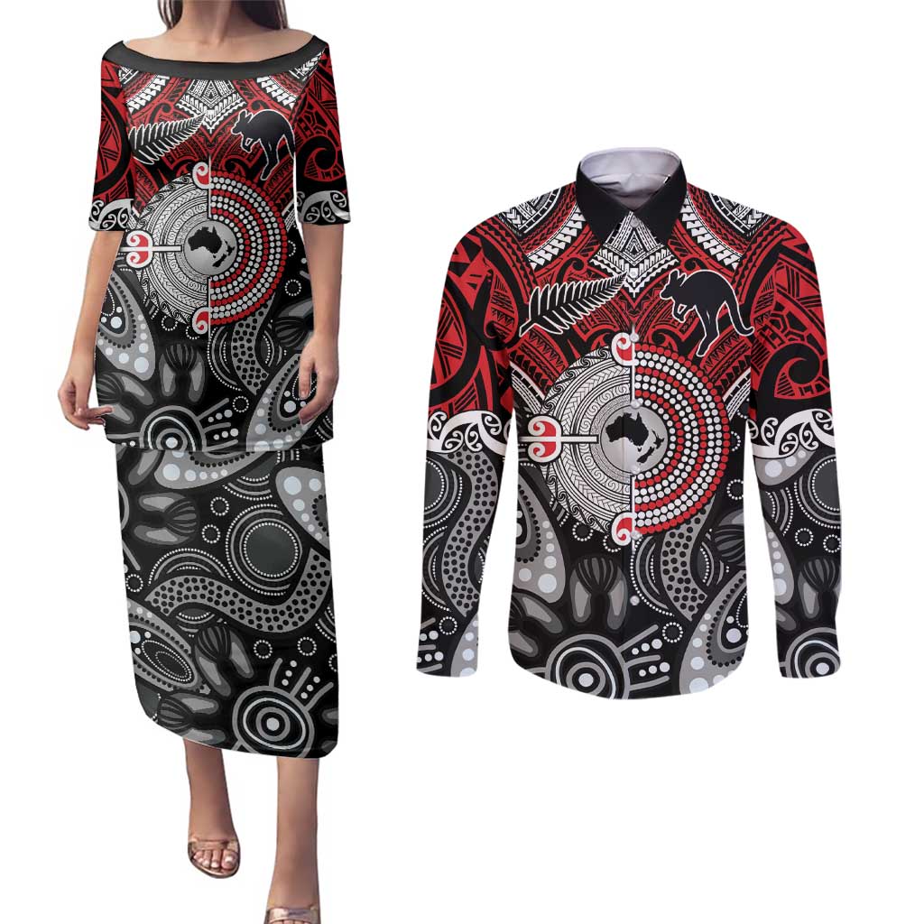 Aotearoa and Australia Couples Matching Puletasi and Long Sleeve Button Shirt New Zealand Honour The Treaty Ake!Ake!Ake! LT9 Red - Polynesian Pride