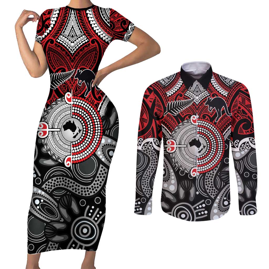 Aotearoa and Australia Couples Matching Short Sleeve Bodycon Dress and Long Sleeve Button Shirt New Zealand Honour The Treaty Ake!Ake!Ake! LT9 Red - Polynesian Pride