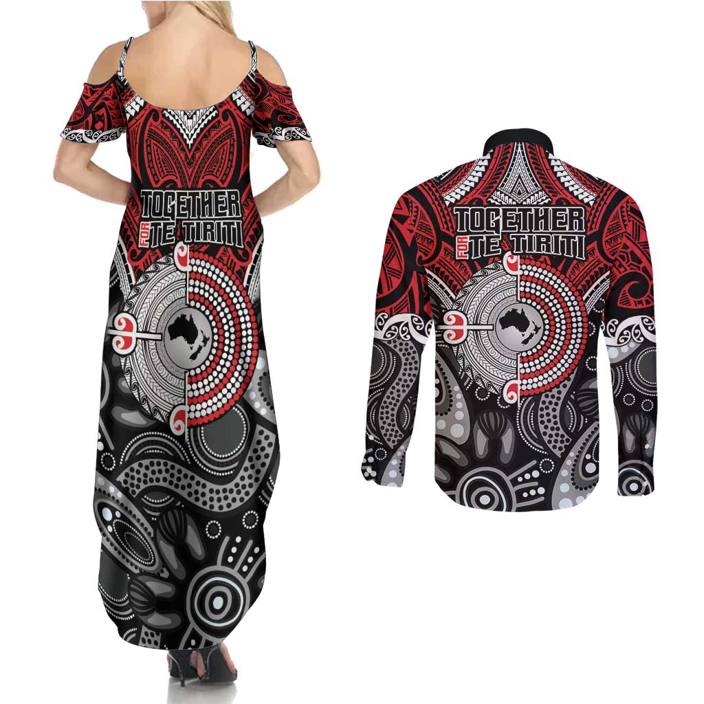 Aotearoa and Australia Couples Matching Summer Maxi Dress and Long Sleeve Button Shirt New Zealand Honour The Treaty Ake!Ake!Ake! LT9 - Polynesian Pride