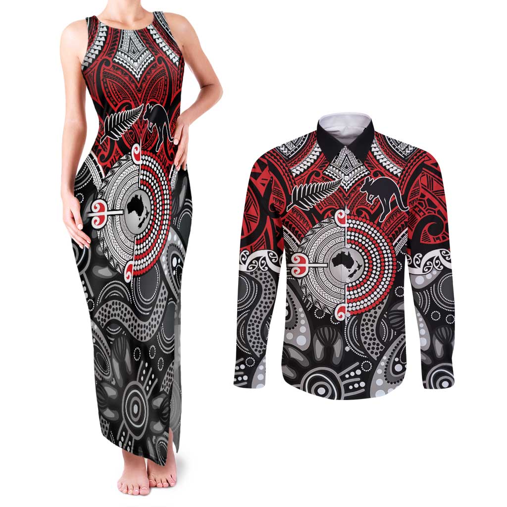 Aotearoa and Australia Couples Matching Tank Maxi Dress and Long Sleeve Button Shirt New Zealand Honour The Treaty Ake!Ake!Ake! LT9 Red - Polynesian Pride