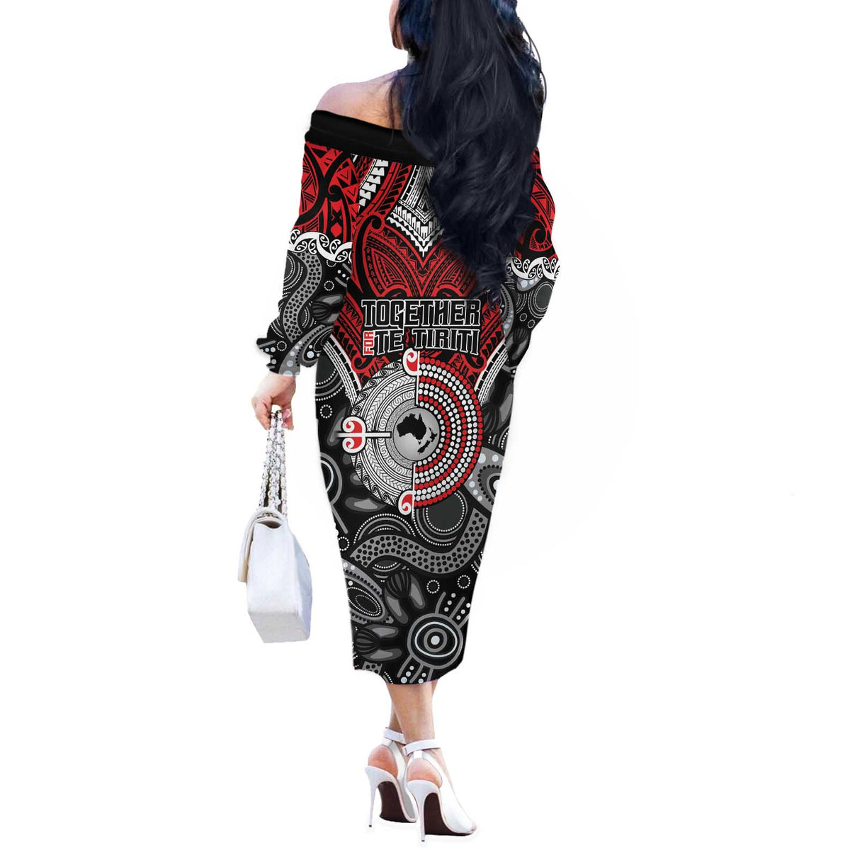 Aotearoa and Australia Off The Shoulder Long Sleeve Dress New Zealand Honour The Treaty Ake!Ake!Ake! LT9 - Polynesian Pride