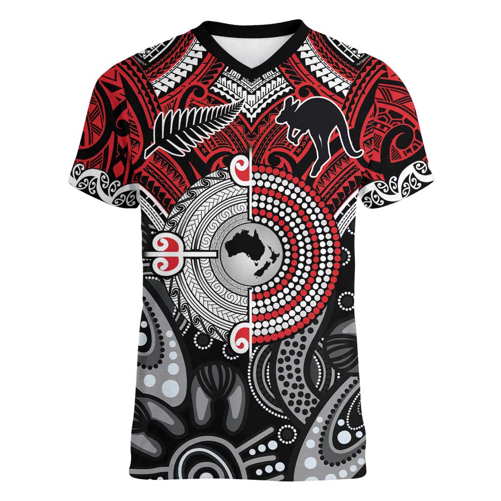Aotearoa and Australia Women V-Neck T-Shirt New Zealand Honour The Treaty Ake!Ake!Ake! LT9 Female Red - Polynesian Pride