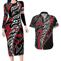 Koru Fern New Zealand Couples Matching Long Sleeve Bodycon Dress and Hawaiian Shirt Maori Tribal Pattern LT9 Red - Polynesian Pride