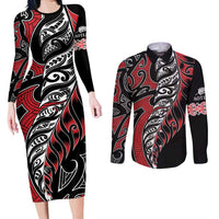 Koru Fern New Zealand Couples Matching Long Sleeve Bodycon Dress and Long Sleeve Button Shirt Maori Tribal Pattern LT9 Red - Polynesian Pride