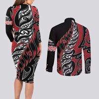 Koru Fern New Zealand Couples Matching Long Sleeve Bodycon Dress and Long Sleeve Button Shirt Maori Tribal Pattern LT9 - Polynesian Pride