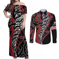Koru Fern New Zealand Couples Matching Off Shoulder Maxi Dress and Long Sleeve Button Shirt Maori Tribal Pattern LT9 Red - Polynesian Pride