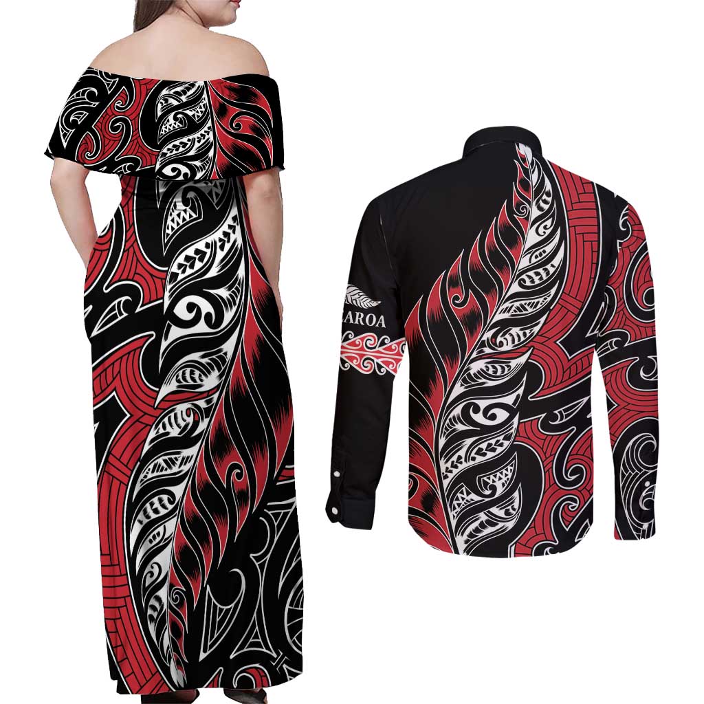 Koru Fern New Zealand Couples Matching Off Shoulder Maxi Dress and Long Sleeve Button Shirt Maori Tribal Pattern LT9 - Polynesian Pride