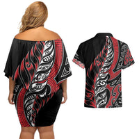 Koru Fern New Zealand Couples Matching Off Shoulder Short Dress and Hawaiian Shirt Maori Tribal Pattern LT9 - Polynesian Pride