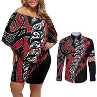 Koru Fern New Zealand Couples Matching Off Shoulder Short Dress and Long Sleeve Button Shirt Maori Tribal Pattern LT9 Red - Polynesian Pride