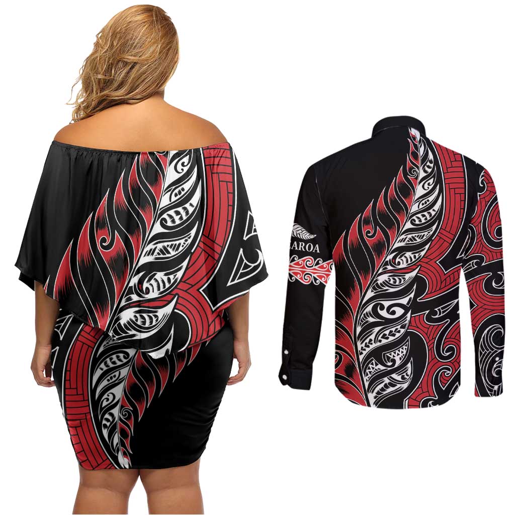 Koru Fern New Zealand Couples Matching Off Shoulder Short Dress and Long Sleeve Button Shirt Maori Tribal Pattern LT9 - Polynesian Pride
