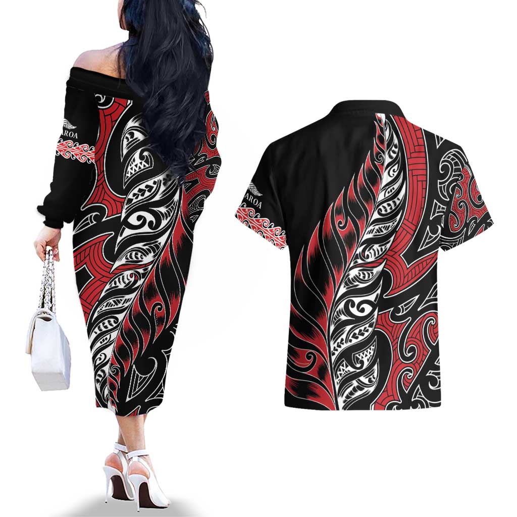 Koru Fern New Zealand Couples Matching Off The Shoulder Long Sleeve Dress and Hawaiian Shirt Maori Tribal Pattern LT9 - Polynesian Pride