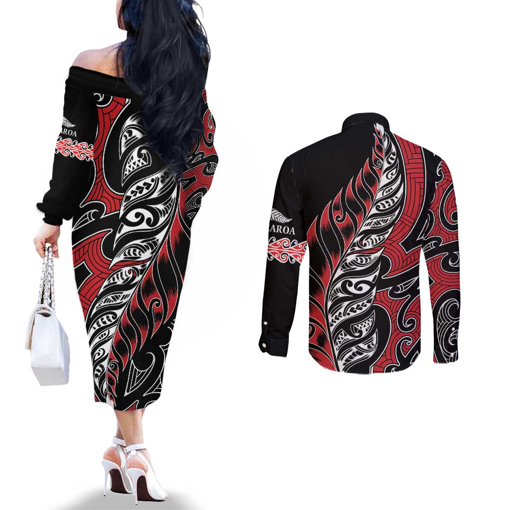 Koru Fern New Zealand Couples Matching Off The Shoulder Long Sleeve Dress and Long Sleeve Button Shirt Maori Tribal Pattern LT9 - Polynesian Pride