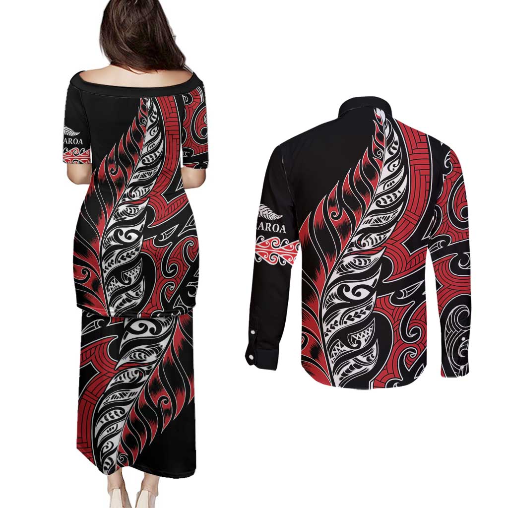 Koru Fern New Zealand Couples Matching Puletasi and Long Sleeve Button Shirt Maori Tribal Pattern LT9 - Polynesian Pride
