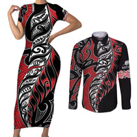 Koru Fern New Zealand Couples Matching Short Sleeve Bodycon Dress and Long Sleeve Button Shirt Maori Tribal Pattern LT9 Red - Polynesian Pride