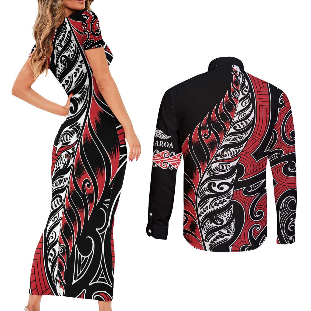 Koru Fern New Zealand Couples Matching Short Sleeve Bodycon Dress and Long Sleeve Button Shirt Maori Tribal Pattern LT9 - Polynesian Pride