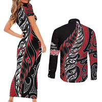 Koru Fern New Zealand Couples Matching Short Sleeve Bodycon Dress and Long Sleeve Button Shirt Maori Tribal Pattern LT9 - Polynesian Pride