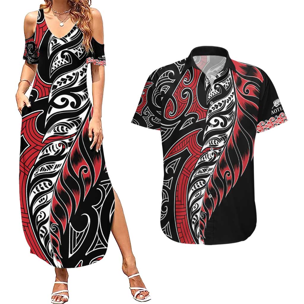 Koru Fern New Zealand Couples Matching Summer Maxi Dress and Hawaiian Shirt Maori Tribal Pattern LT9 Red - Polynesian Pride