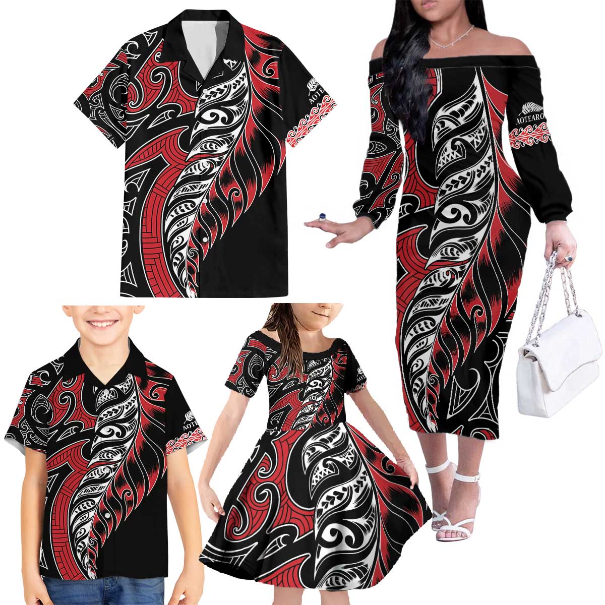 Koru Fern New Zealand Family Matching Off The Shoulder Long Sleeve Dress and Hawaiian Shirt Maori Tribal Pattern LT9 - Polynesian Pride