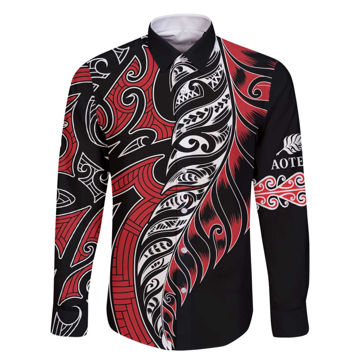 Koru Fern New Zealand Family Matching Off The Shoulder Long Sleeve Dress and Hawaiian Shirt Maori Tribal Pattern LT9 Dad's Shirt - Long Sleeve Red - Polynesian Pride