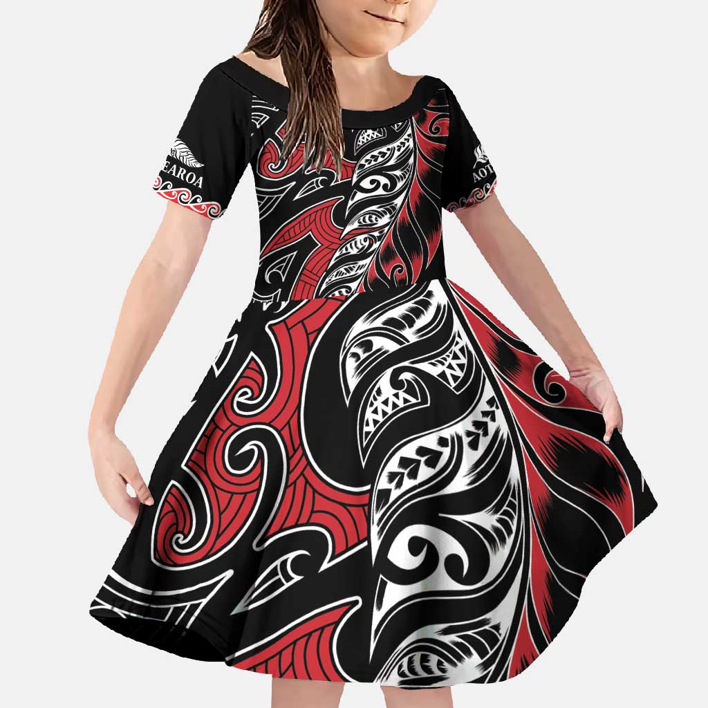 Koru Fern New Zealand Family Matching Off Shoulder Maxi Dress and Hawaiian Shirt Maori Tribal Pattern LT9 Daughter's Dress Red - Polynesian Pride