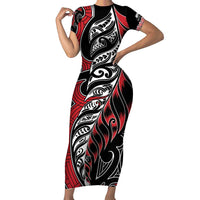 Koru Fern New Zealand Family Matching Short Sleeve Bodycon Dress and Hawaiian Shirt Maori Tribal Pattern LT9 Mom's Dress Red - Polynesian Pride