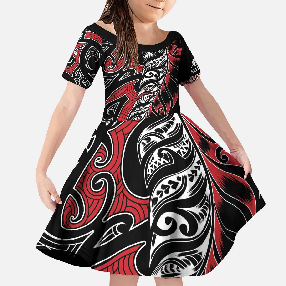 Koru Fern New Zealand Kid Short Sleeve Dress Maori Tribal Pattern LT9 KID Red - Polynesian Pride