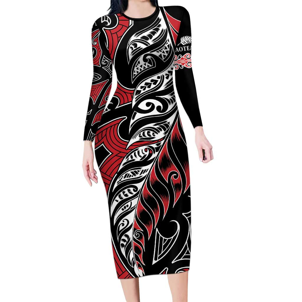 Koru Fern New Zealand Long Sleeve Bodycon Dress Maori Tribal Pattern LT9 Long Dress Red - Polynesian Pride