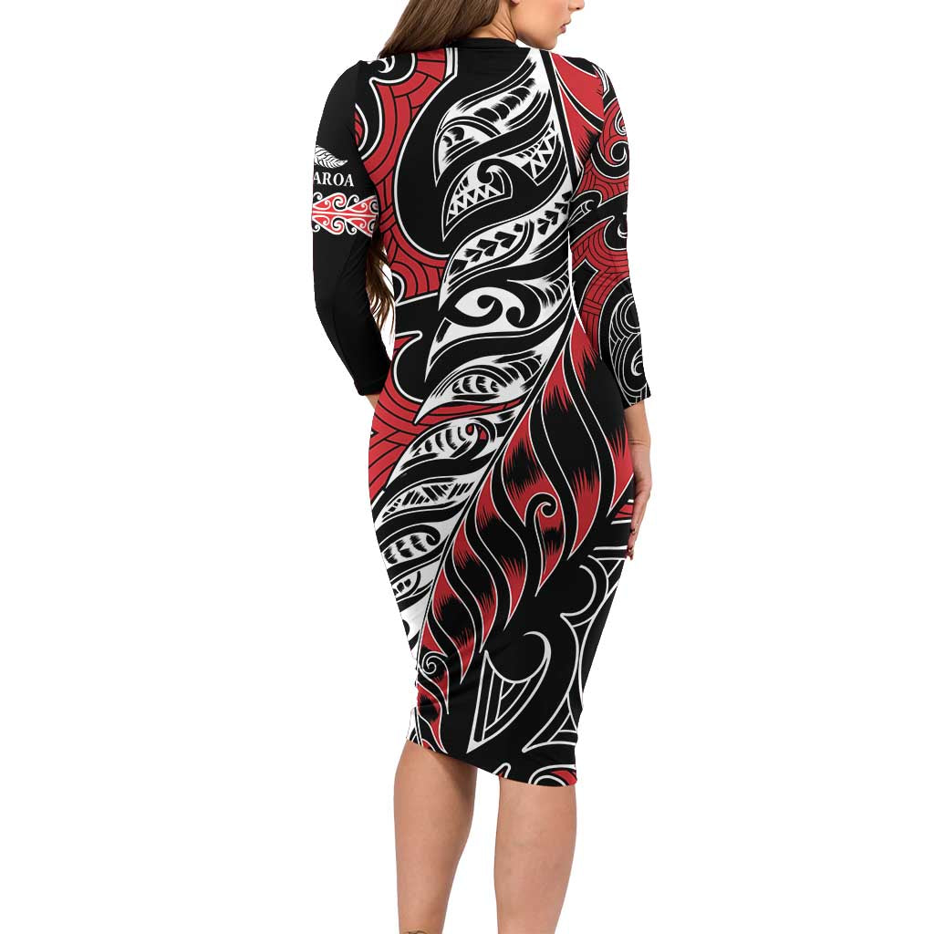 Koru Fern New Zealand Long Sleeve Bodycon Dress Maori Tribal Pattern LT9 - Polynesian Pride