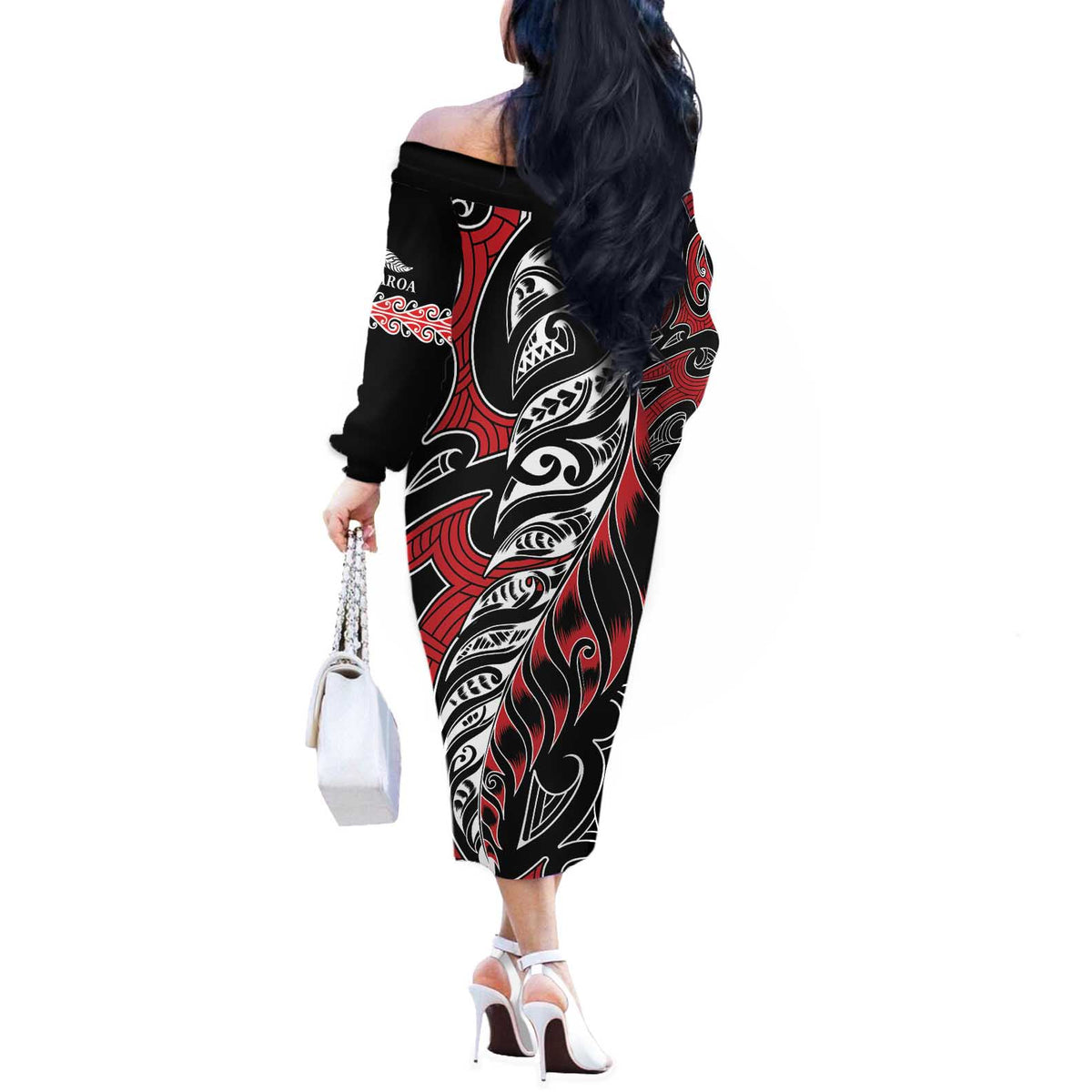 Koru Fern New Zealand Off The Shoulder Long Sleeve Dress Maori Tribal Pattern LT9 - Polynesian Pride