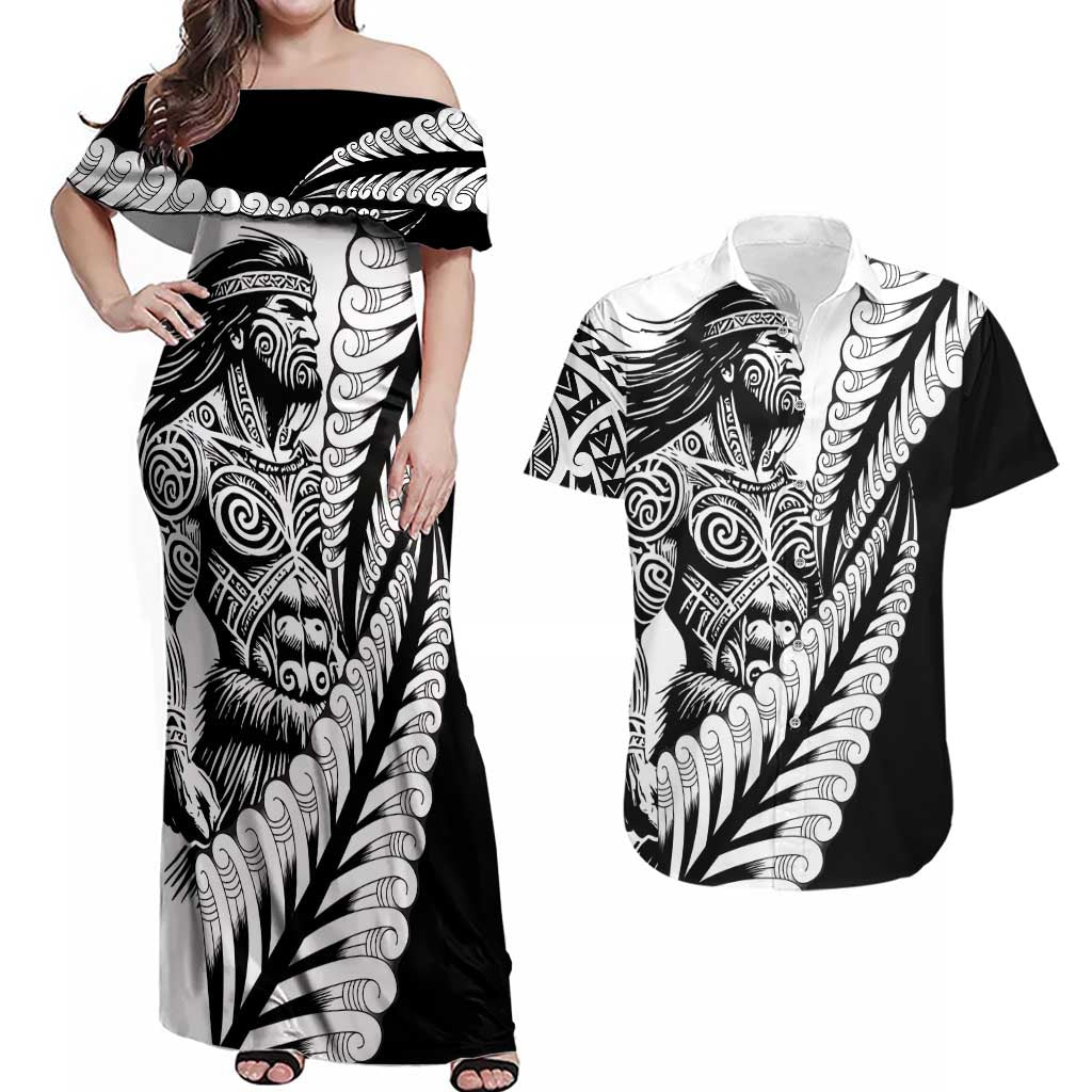 Koru Fern New Zealand Maori Tribal Warrior Couples Matching Off Shoulder Maxi Dress and Hawaiian Shirt LT9 Black - Polynesian Pride