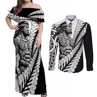 Koru Fern New Zealand Maori Tribal Warrior Couples Matching Off Shoulder Maxi Dress and Long Sleeve Button Shirt LT9 Black - Polynesian Pride