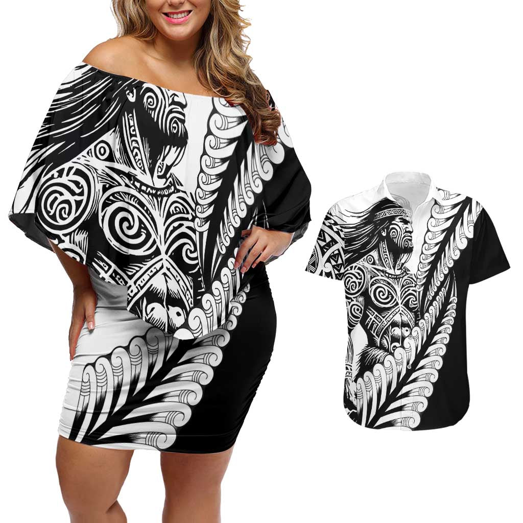 Koru Fern New Zealand Maori Tribal Warrior Couples Matching Off Shoulder Short Dress and Hawaiian Shirt LT9 Black - Polynesian Pride