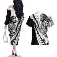 Koru Fern New Zealand Maori Tribal Warrior Couples Matching Off The Shoulder Long Sleeve Dress and Hawaiian Shirt LT9 - Polynesian Pride