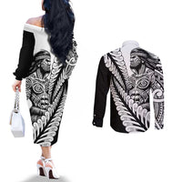 Koru Fern New Zealand Maori Tribal Warrior Couples Matching Off The Shoulder Long Sleeve Dress and Long Sleeve Button Shirt LT9 - Polynesian Pride
