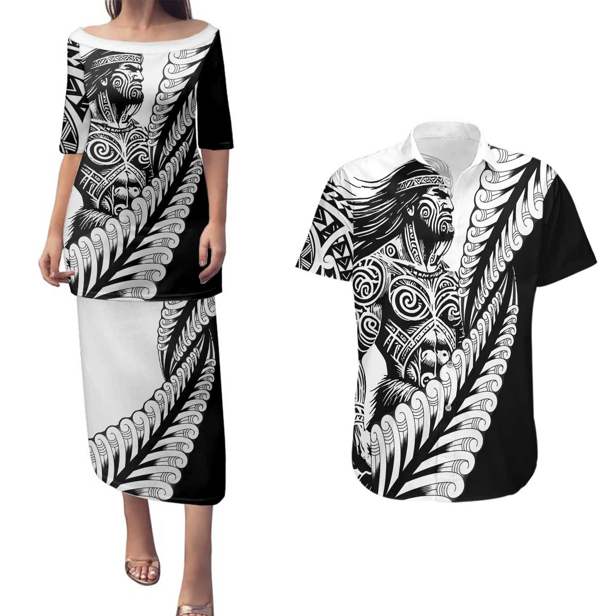Koru Fern New Zealand Maori Tribal Warrior Couples Matching Puletasi and Hawaiian Shirt LT9 Black - Polynesian Pride
