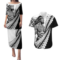 Koru Fern New Zealand Maori Tribal Warrior Couples Matching Puletasi and Hawaiian Shirt LT9 Black - Polynesian Pride