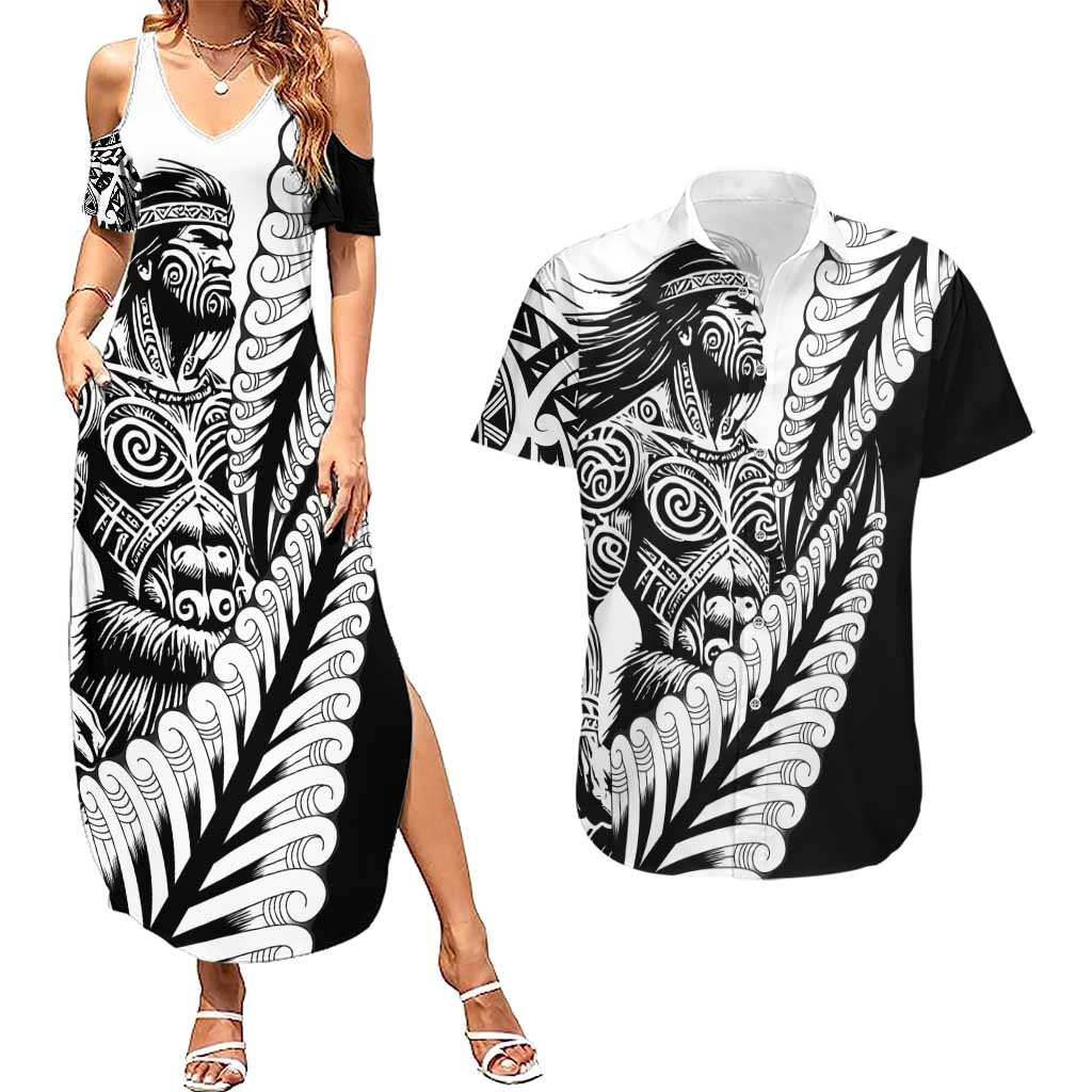 Koru Fern New Zealand Maori Tribal Warrior Couples Matching Summer Maxi Dress and Hawaiian Shirt LT9 Black - Polynesian Pride