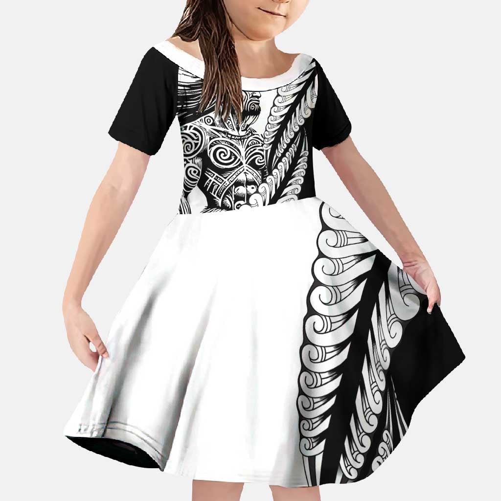 Koru Fern New Zealand Maori Tribal Warrior Family Matching Off Shoulder Maxi Dress and Hawaiian Shirt LT9 Daughter's Dress Black - Polynesian Pride