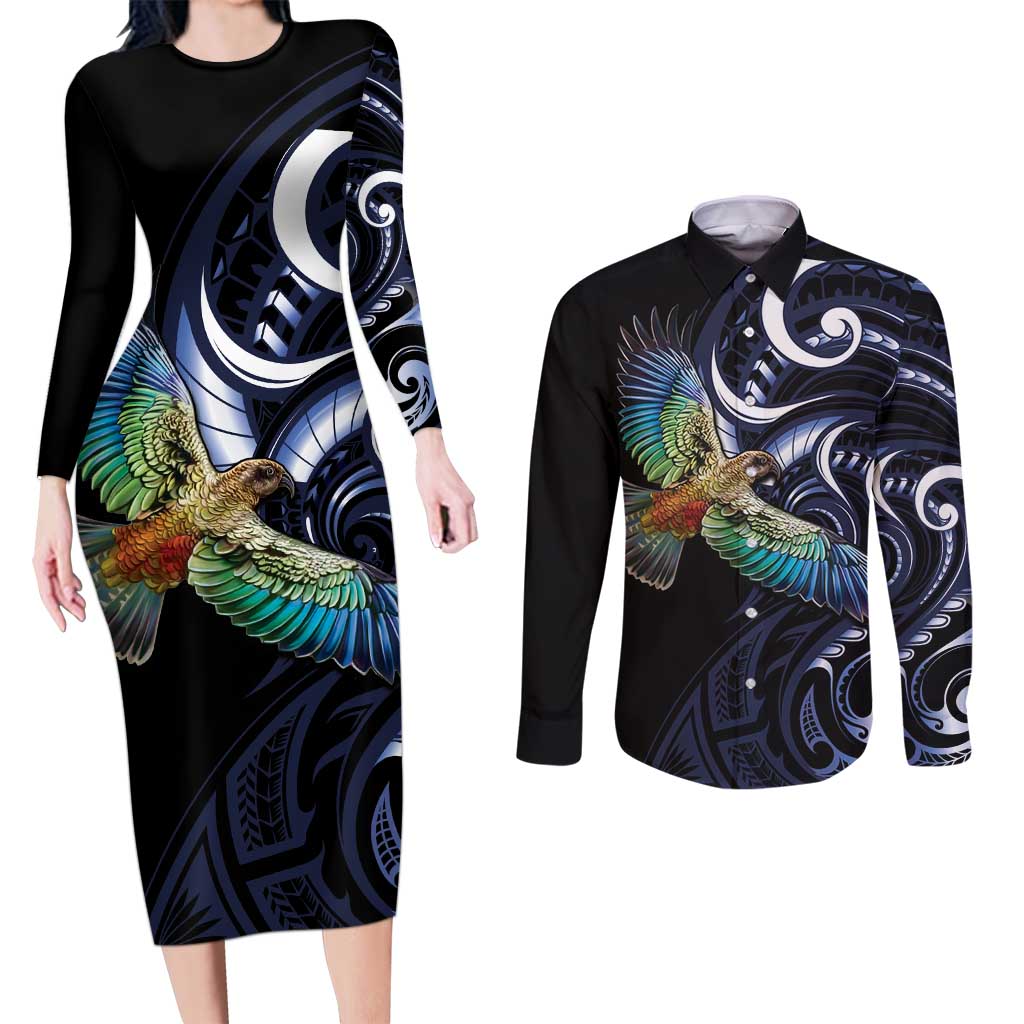 New Zealand Kea Bird Personalised Couples Matching Long Sleeve Bodycon Dress and Long Sleeve Button Shirt Maori Tribal Koru Art LT9 Blue - Polynesian Pride