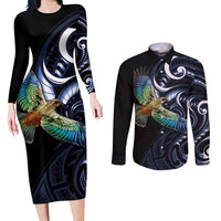 New Zealand Kea Bird Personalised Couples Matching Long Sleeve Bodycon Dress and Long Sleeve Button Shirt Maori Tribal Koru Art LT9 Blue - Polynesian Pride