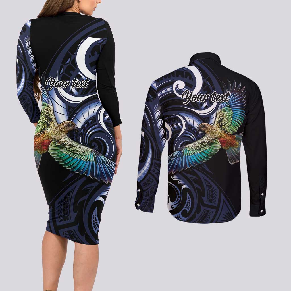 New Zealand Kea Bird Personalised Couples Matching Long Sleeve Bodycon Dress and Long Sleeve Button Shirt Maori Tribal Koru Art LT9 - Polynesian Pride